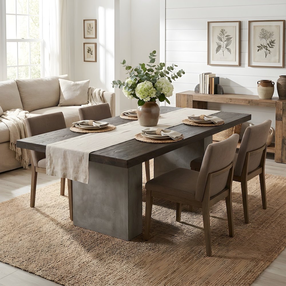 Oak and Concrete Rectangular Dining Table, Seats 8 to 10, 94 Inch