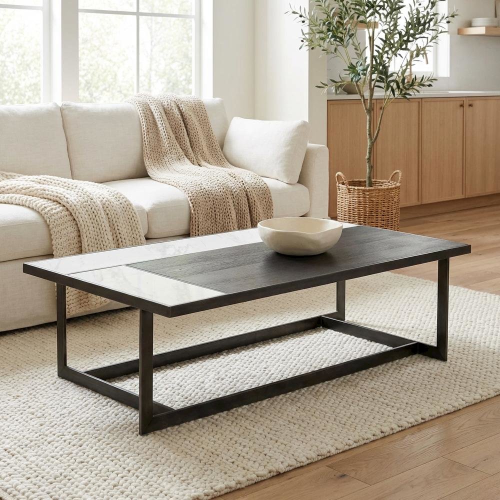 Brown Ceramic Coffee Table with Walnut Veneer and Metal Frame Modern Design