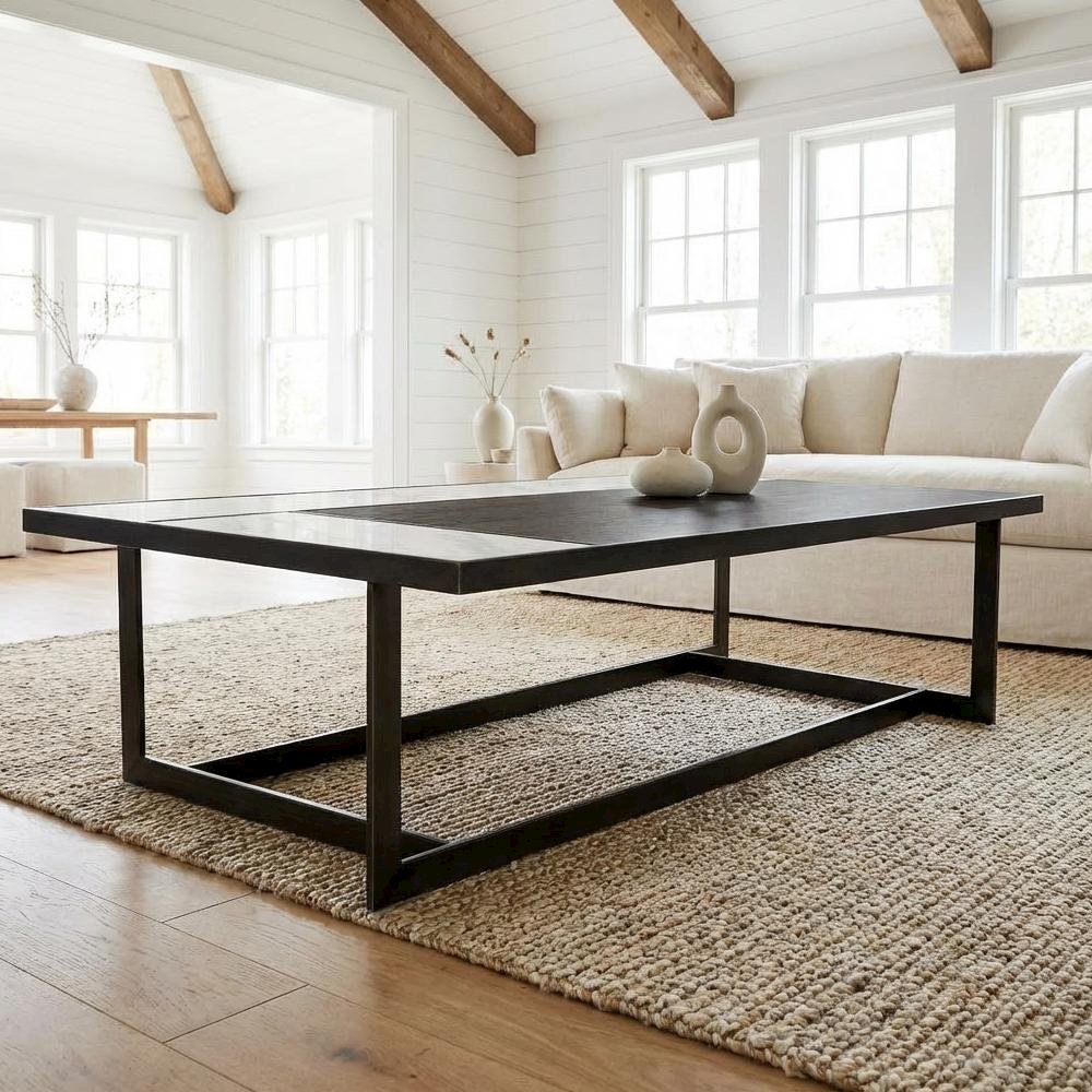 Brown Ceramic Coffee Table with Walnut Veneer and Metal Frame Modern Design