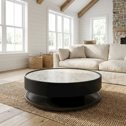 Black Ceramic Top Coffee Table with Manufactured Wood Base and Round Design
