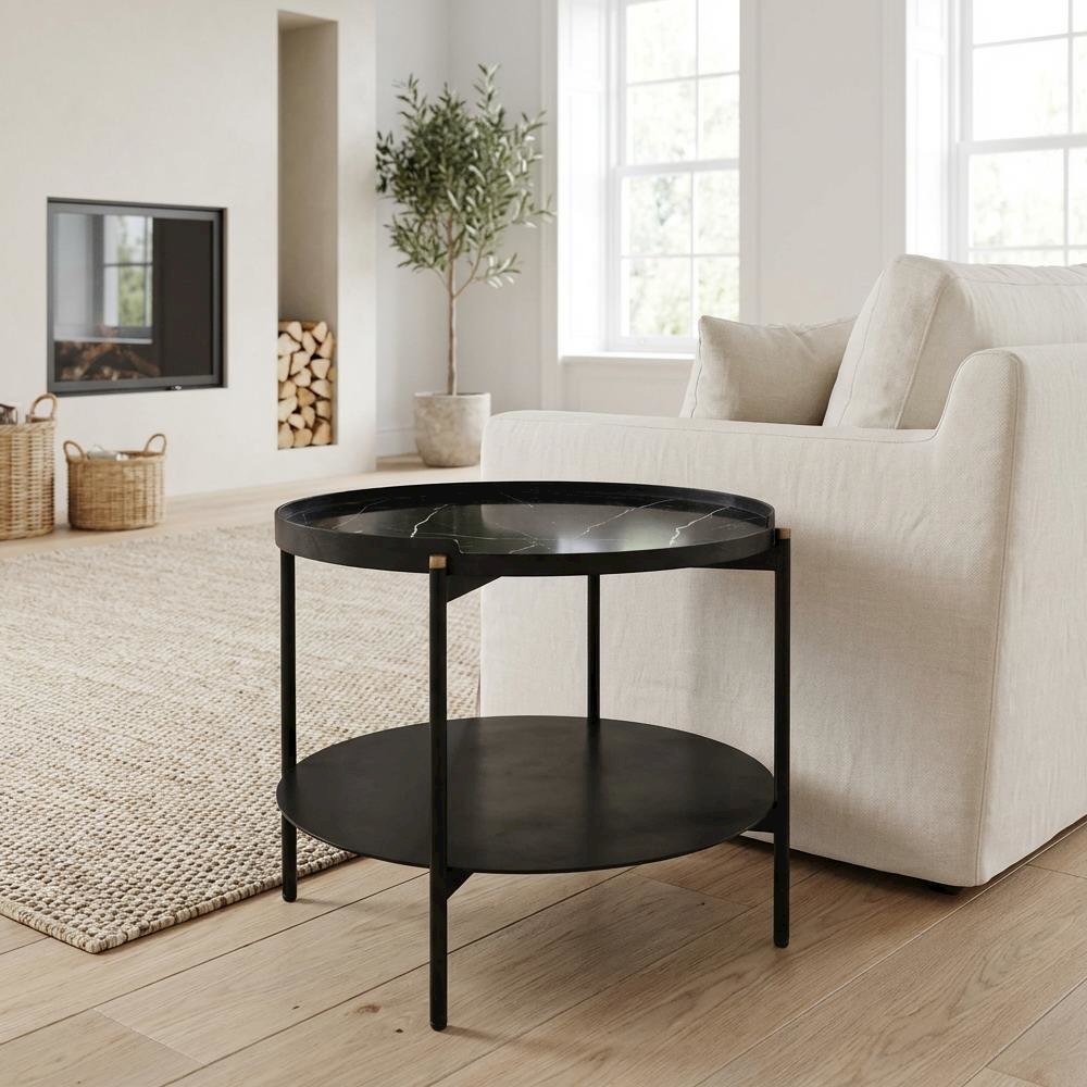 Black Metal Round Coffee Table with Marble Top and Modern Design