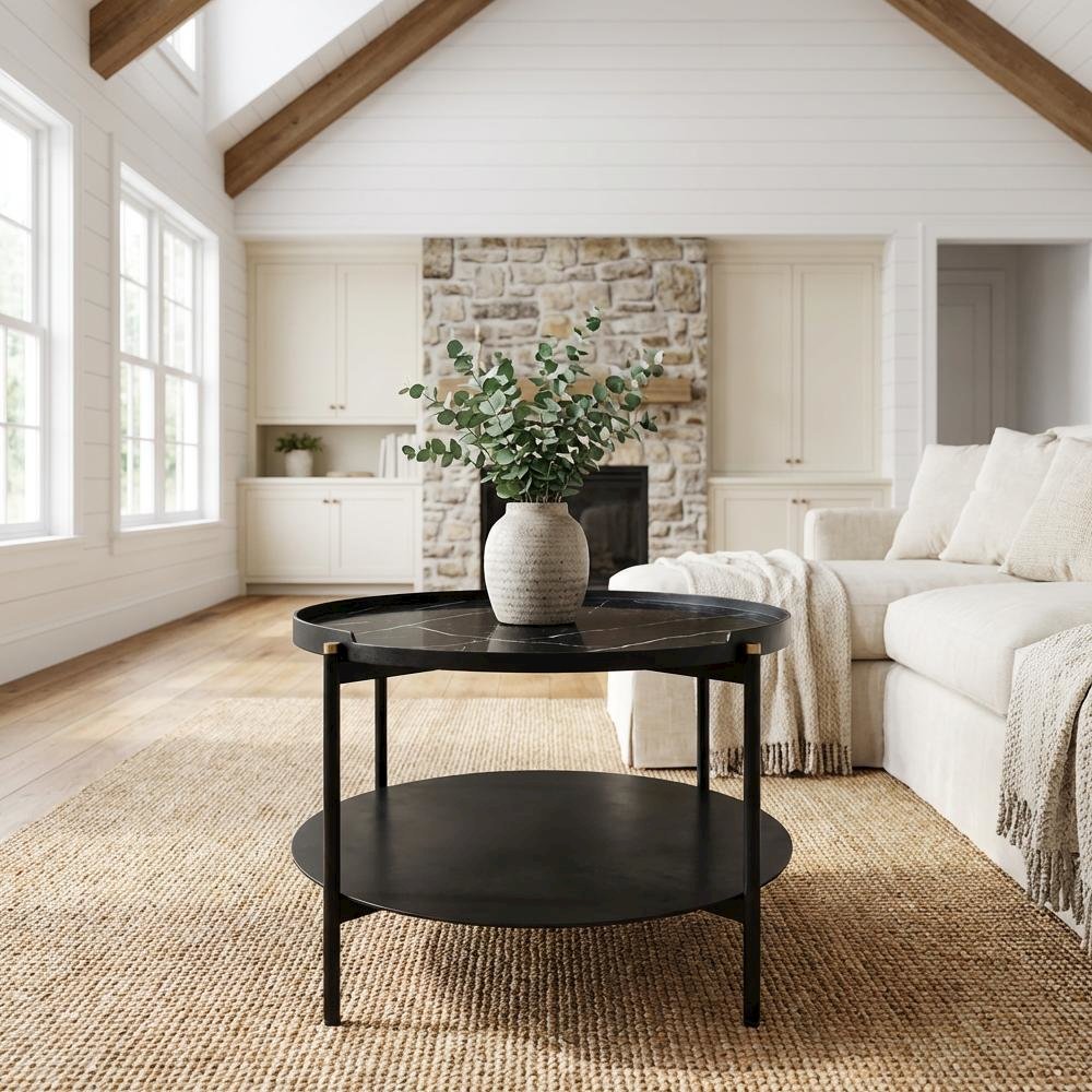 Black Metal Round Coffee Table with Marble Top and Modern Design