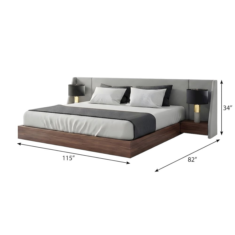 Walnut Veneer Platform Bed with Upholstered Winged Headboard, Eastern King