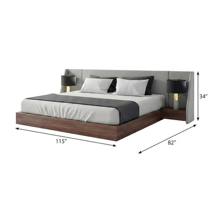 Walnut Veneer Platform Bed with Upholstered Winged Headboard, Eastern King