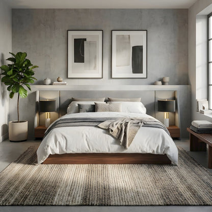 Walnut Veneer Platform Bed with Upholstered Winged Headboard, Eastern King