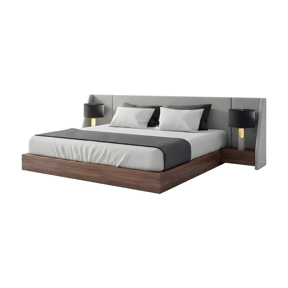 Walnut Veneer Platform Bed with Upholstered Winged Headboard, Eastern King