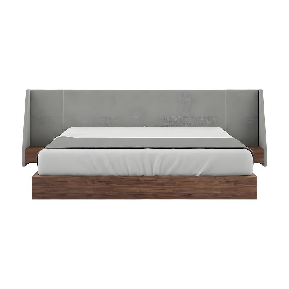 Walnut Veneer Platform Bed with Upholstered Winged Headboard, Eastern King