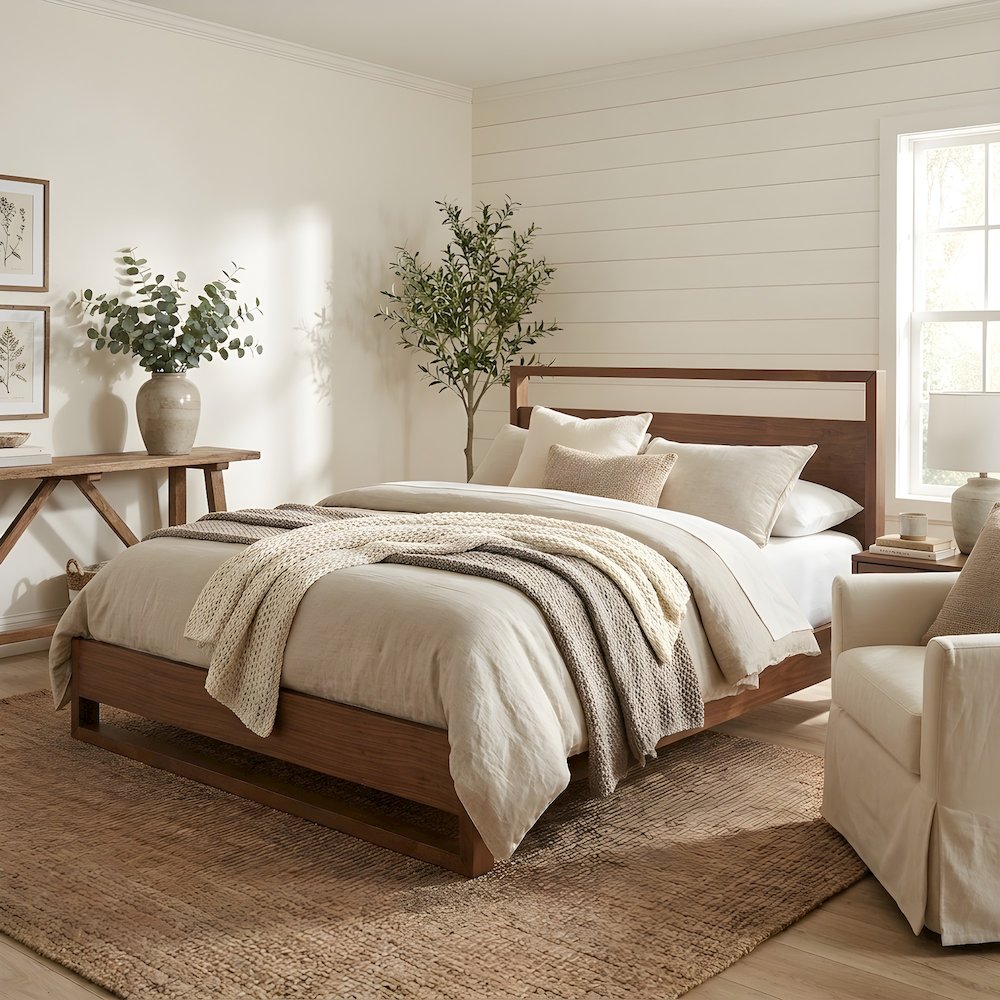 Walnut Veneer Platform Bed with Parsons-Leg Headboard and Wood Slats