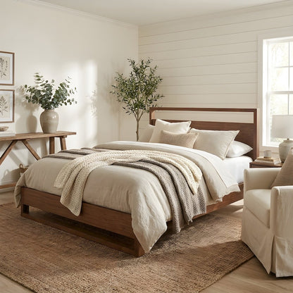 Walnut Veneer Platform Bed with Parsons-Leg Headboard and Wood Slats