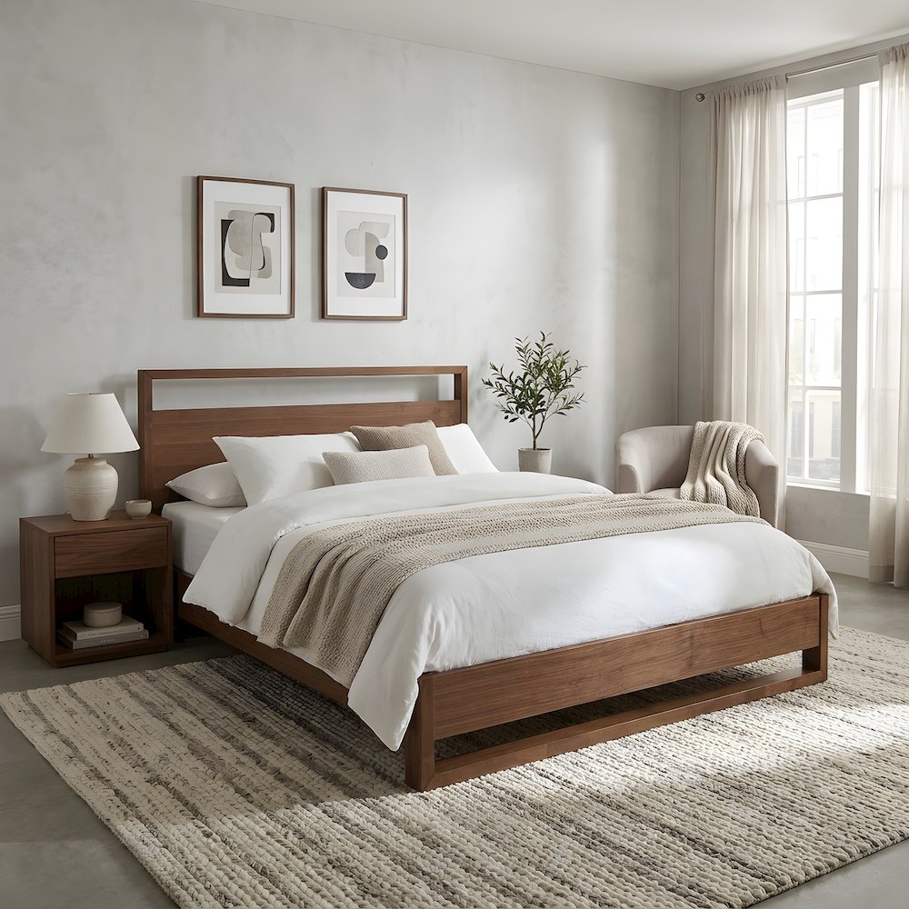 Walnut Veneer Platform Bed with Parsons-Leg Headboard and Wood Slats