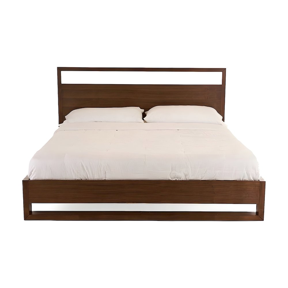 Walnut Veneer Platform Bed with Parsons-Leg Headboard and Wood Slats