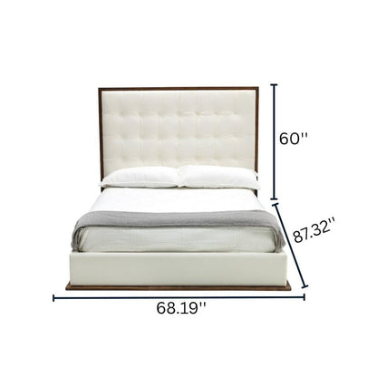 White Faux Leather Queen Bed Frame, Low Profile Bed Frame With Walnut Accents