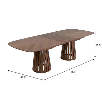 Walnut Veneer Extendable Dining Table with Double Pedestal Base for Dining Room