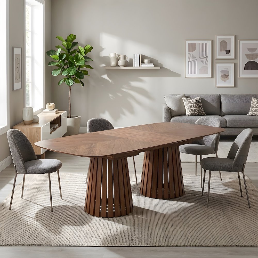 Walnut Veneer Extendable Dining Table with Double Pedestal Base for Dining Room