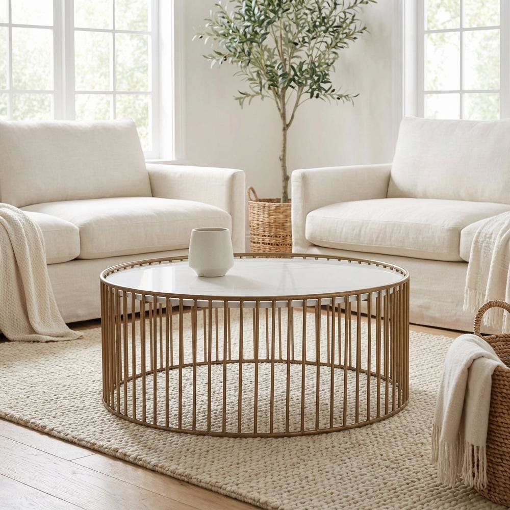 White Round Faux Marble Coffee Table with Metal Base and Modern Design
