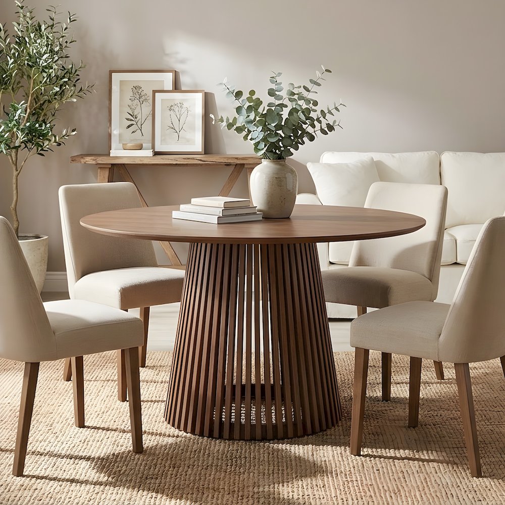 Walnut Veneer Round Dining Table with Rubberwood Pedestal, Seats 6