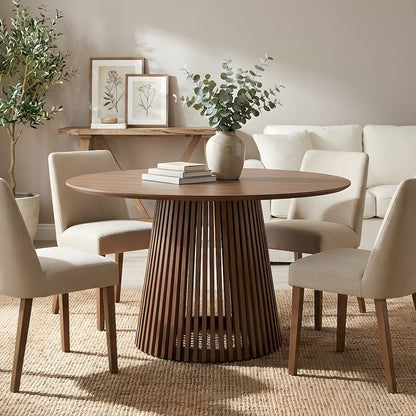 Walnut Veneer Round Dining Table with Rubberwood Pedestal, Seats 6