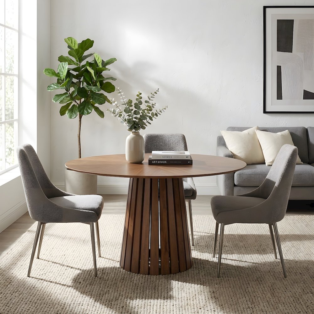Walnut Veneer Round Dining Table with Rubberwood Pedestal, Seats 6