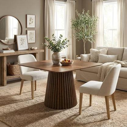 Crown Cut Veneer Square Dining Table with Sculpted Pedestal Base for Dining Room