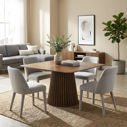 Crown Cut Veneer Square Dining Table with Sculpted Pedestal Base for Dining Room