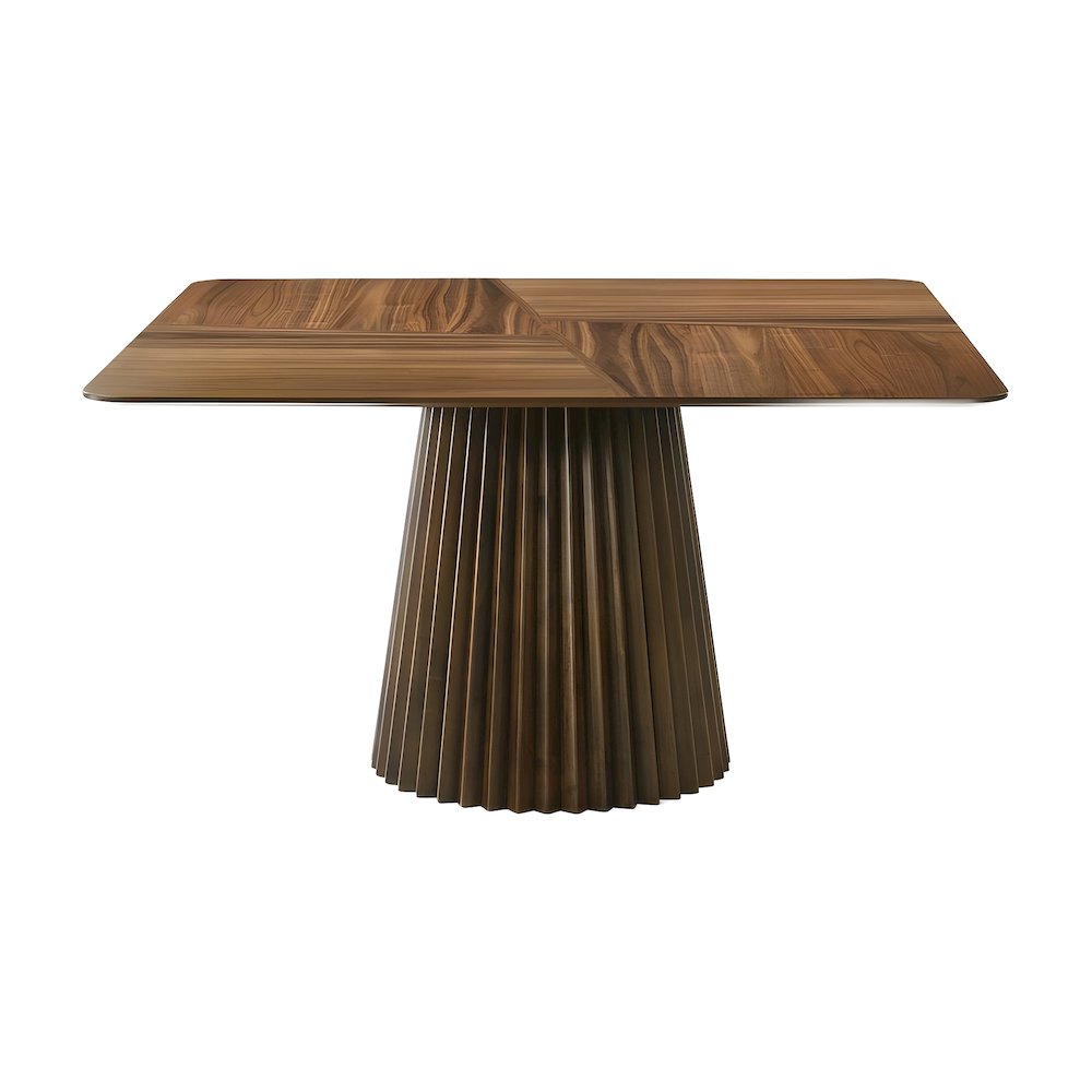 Crown Cut Veneer Square Dining Table with Sculpted Pedestal Base for Dining Room