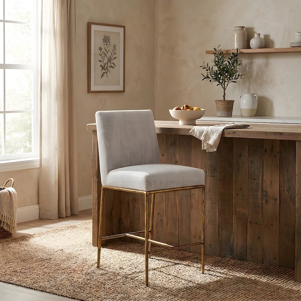 Fabric-Upholstered Counter Stool with Brass-Plated Steel Legs for Dining Room