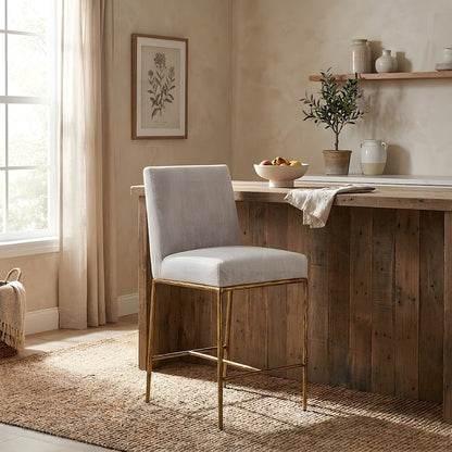 Fabric-Upholstered Counter Stool with Brass-Plated Steel Legs for Dining Room