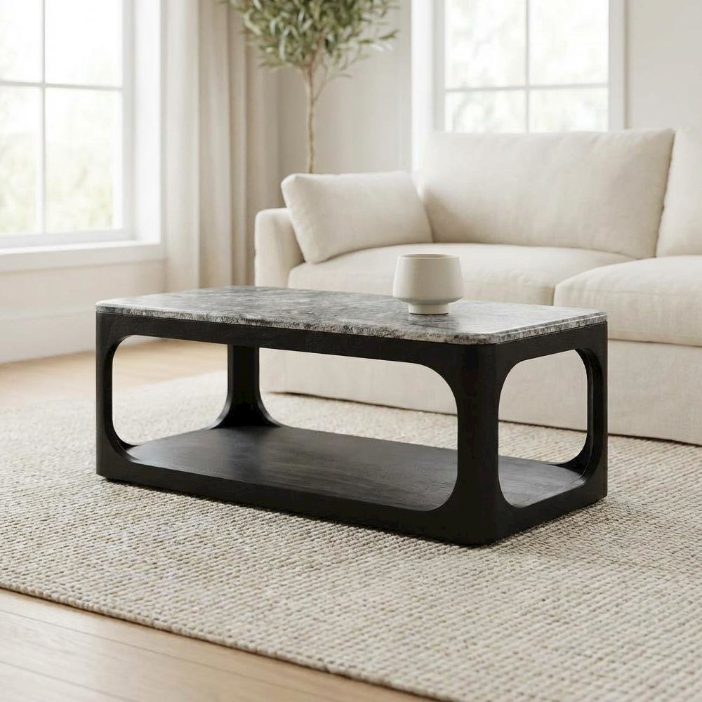 Marble Granite Coffee Table with Solid Wood Base Black Rectangular Design