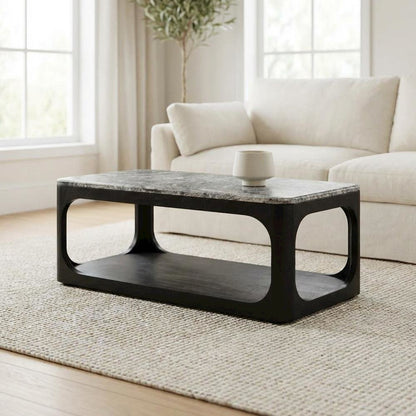 Marble Granite Coffee Table with Solid Wood Base Black Rectangular Design