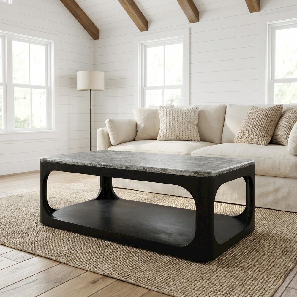 Marble Granite Coffee Table with Solid Wood Base Black Rectangular Design
