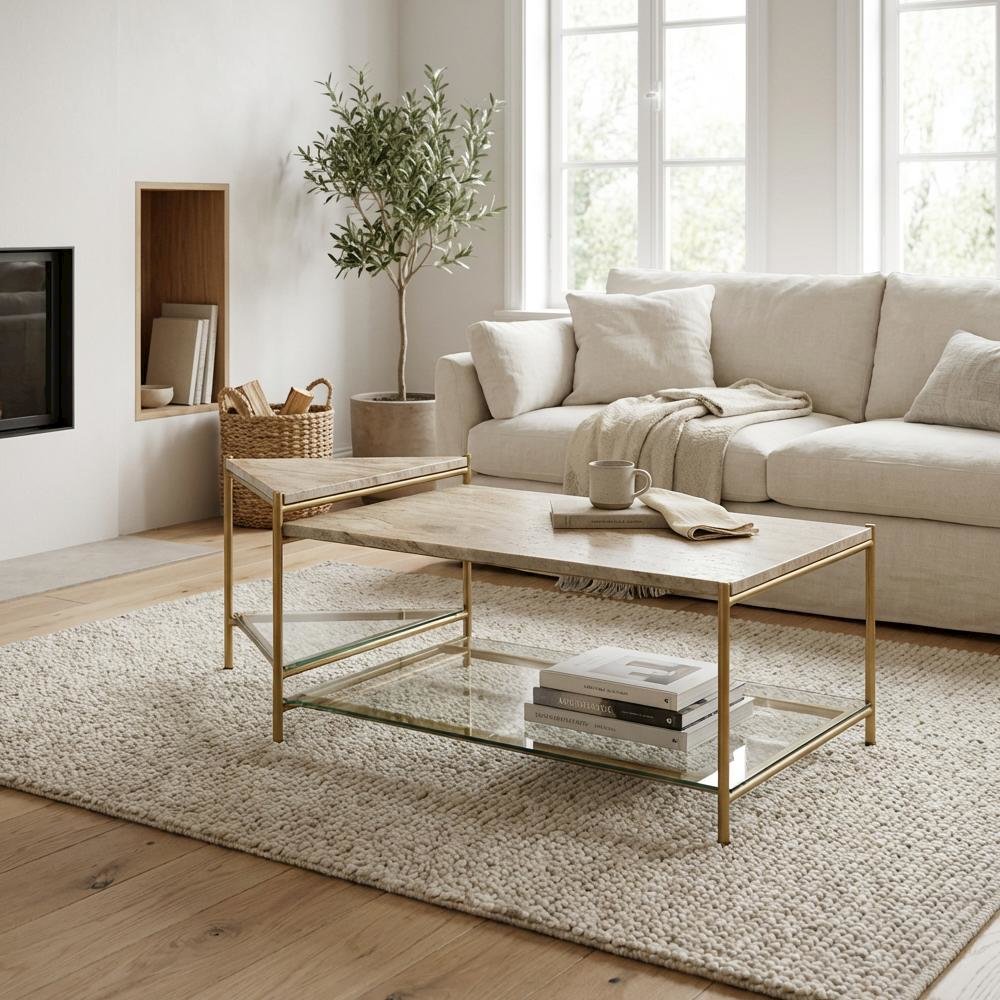 Marble Coffee Table with Glass Top and Brass Iron Frame Free Form Design