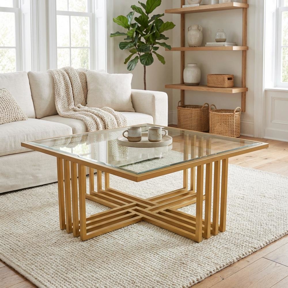 Gold Glass Coffee Table with Clear Glass Top and Steel Frame Stylish Design