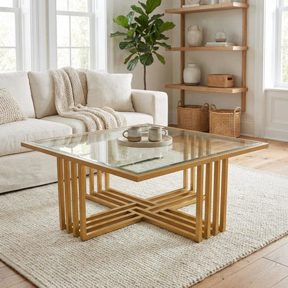 Gold Glass Coffee Table with Clear Glass Top and Steel Frame Stylish Design