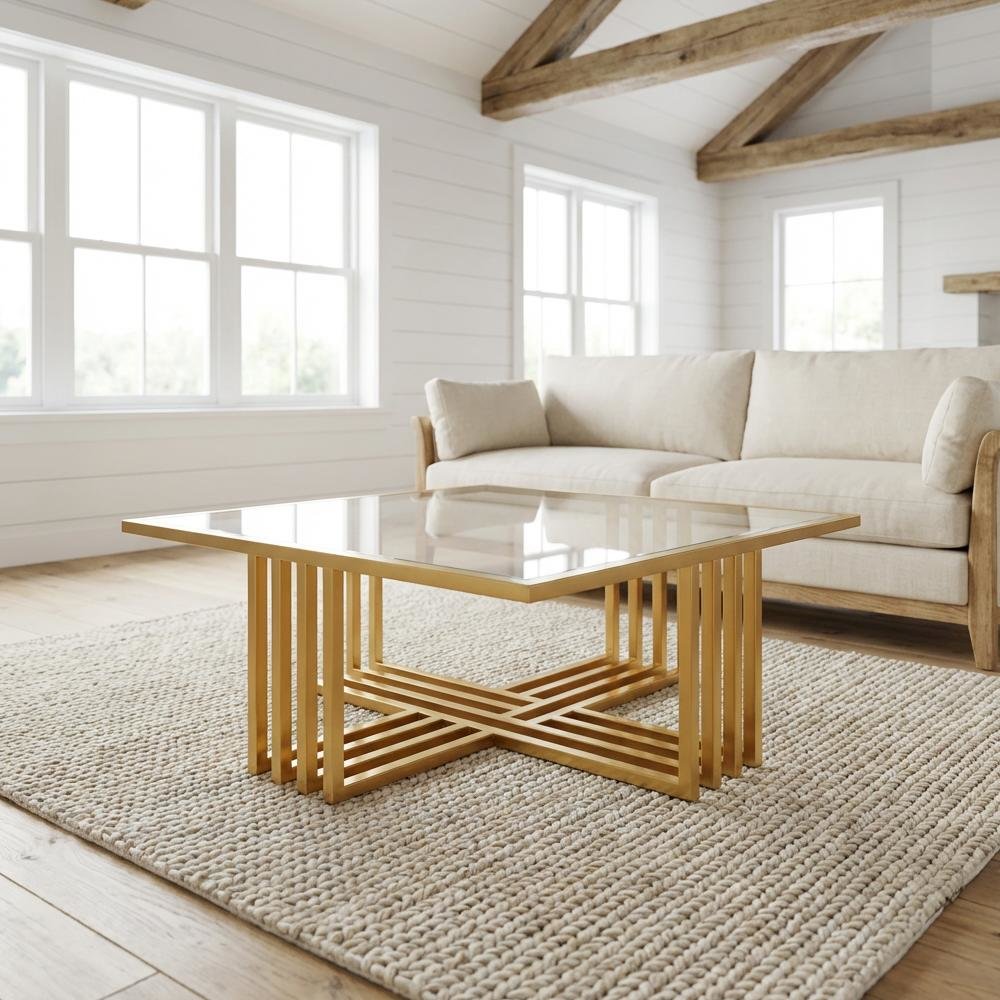 Gold Glass Coffee Table with Clear Glass Top and Steel Frame Stylish Design