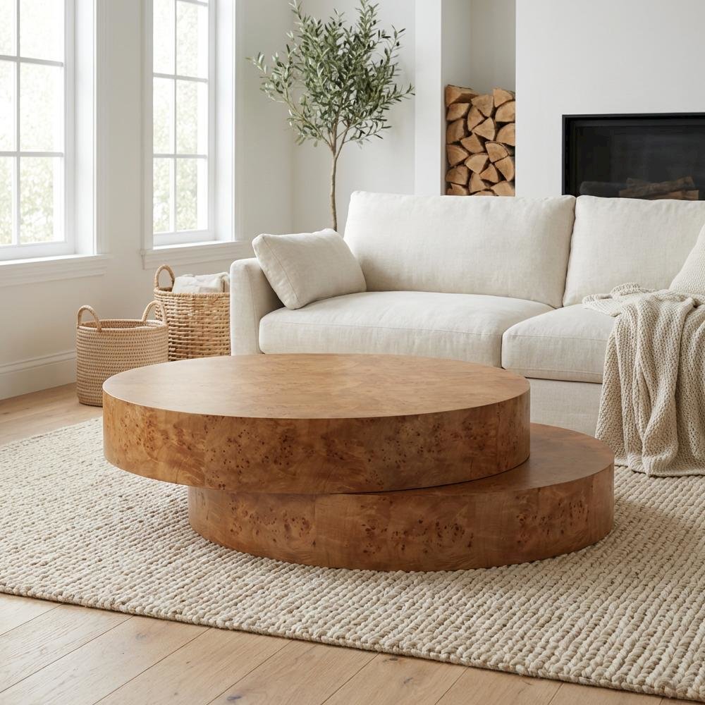 Veneer Round Coffee Table with Faux Burl Finish Solid Wood Frame