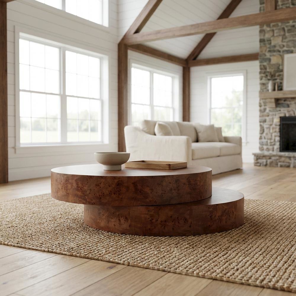 Veneer Round Coffee Table with Faux Burl Finish Solid Wood Frame