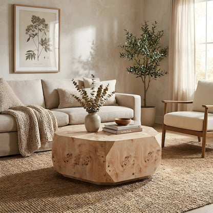 Mapa Burl Veneer Round Coffee Table with Drum Silhouette Shape for Living Room
