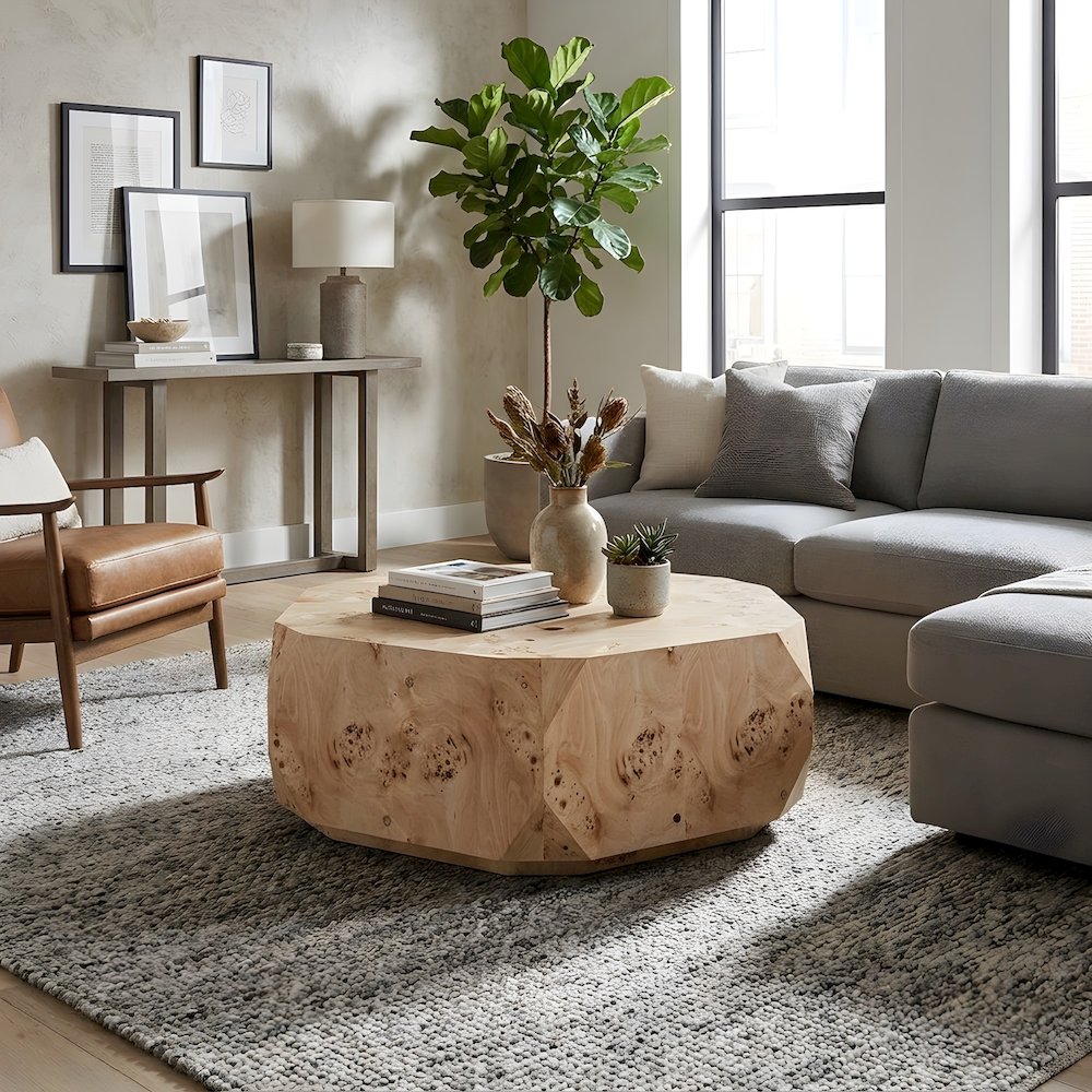 Mapa Burl Veneer Round Coffee Table with Drum Silhouette Shape for Living Room