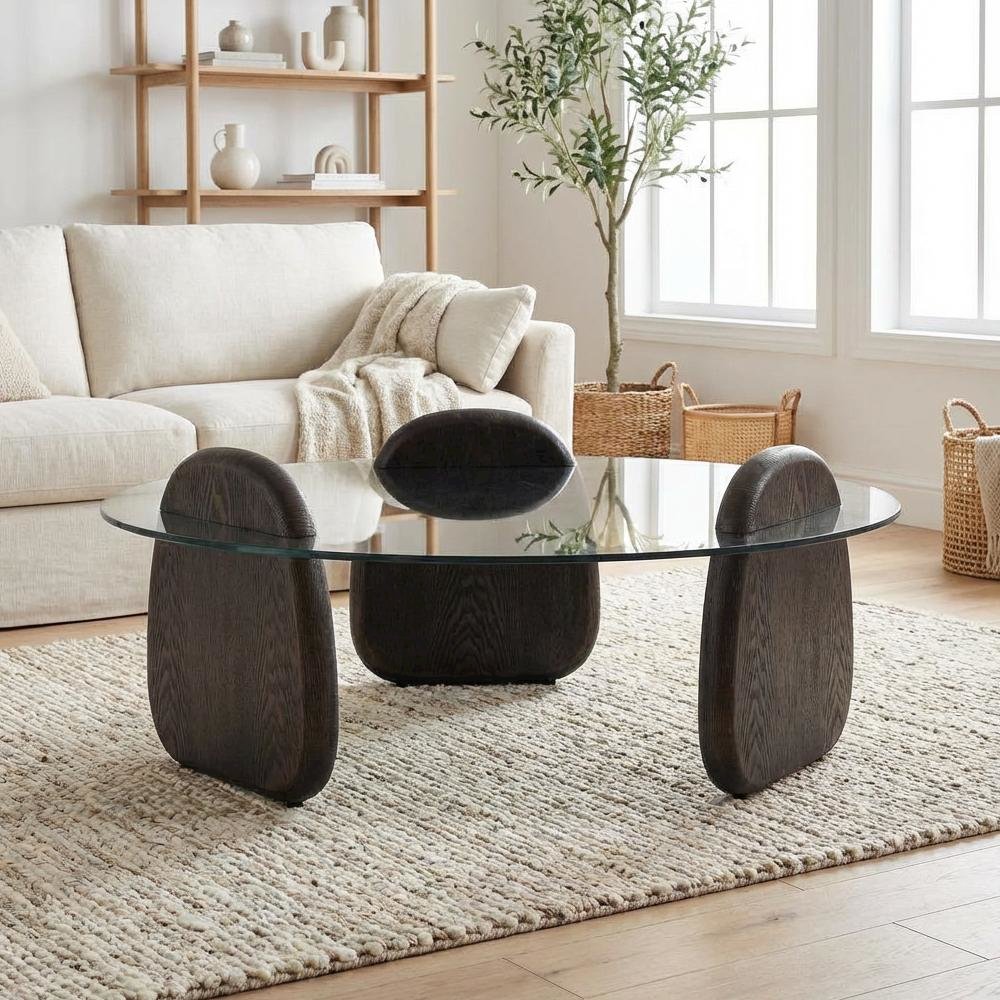 Brown Glass and Manufactured Wood Coffee Table with Dark Walnut Finish