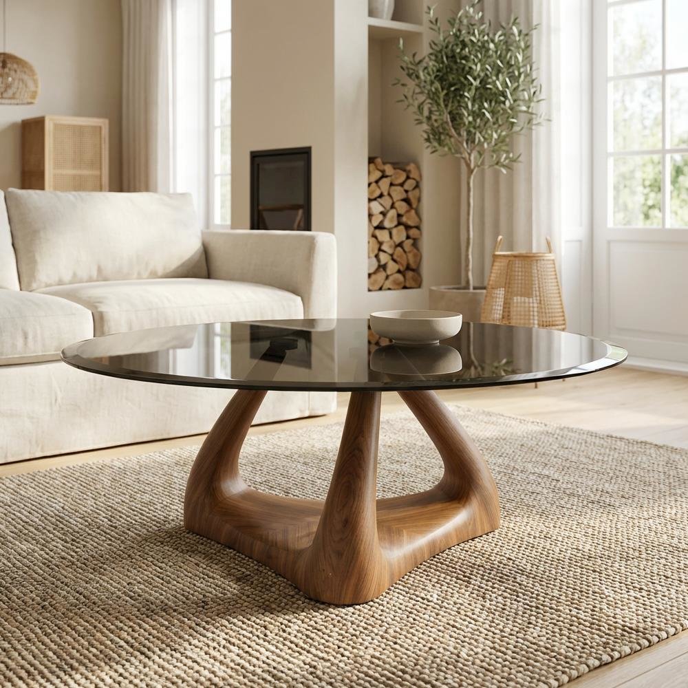 Brown Round Coffee Table with Glass Top and Walnut Veneer Base Fiberglass