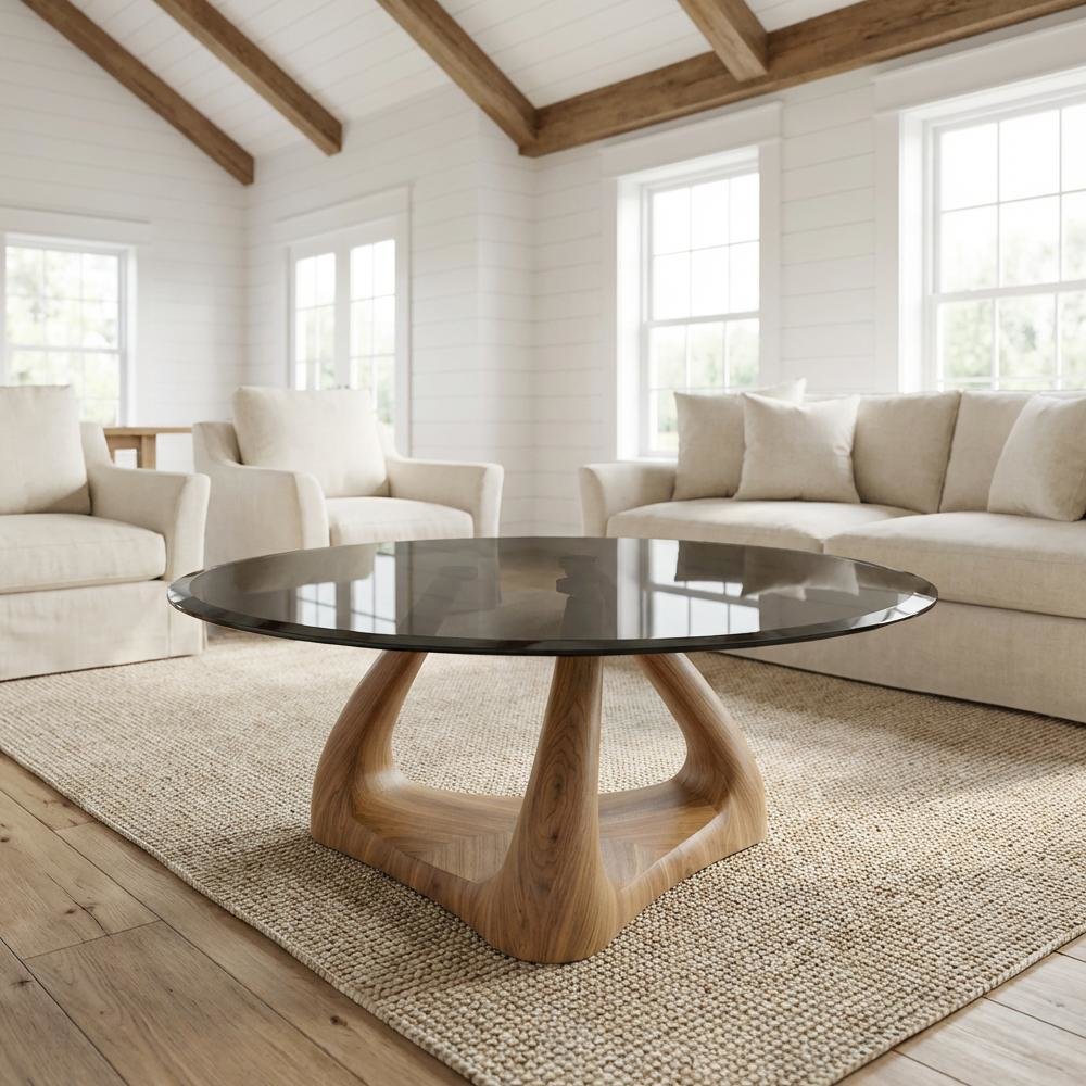 Brown Round Coffee Table with Glass Top and Walnut Veneer Base Fiberglass