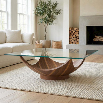 Glass Coffee Table with Walnut Veneer Base and Fiberglass Frame for Living Room