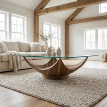 Glass Coffee Table with Walnut Veneer Base and Fiberglass Frame for Living Room