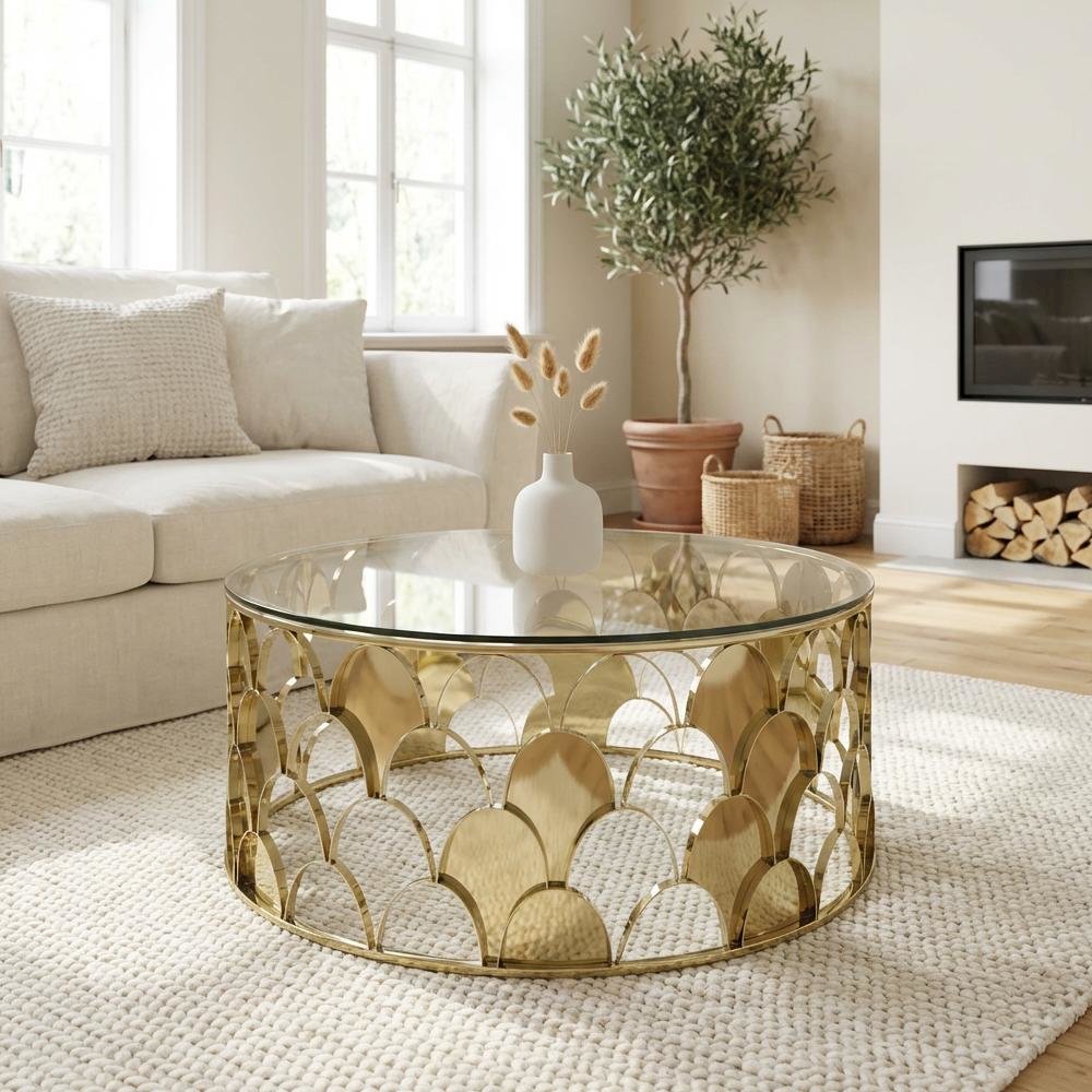 Gold Round Coffee Table with Glass Top and Steel Frame Modern Design 1-Piece