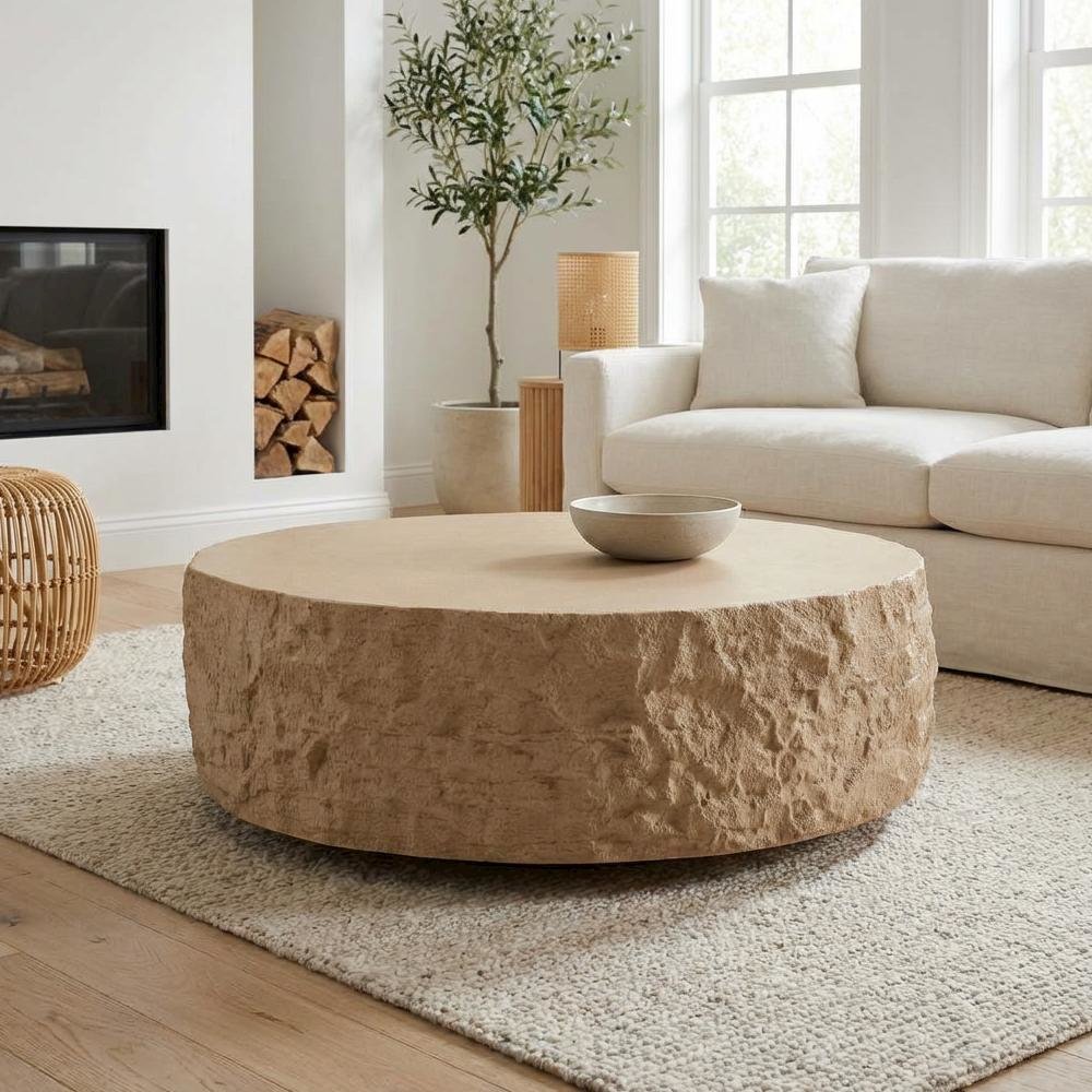 Round Beige Coffee Table with Fiberglass Construction and Modern Design