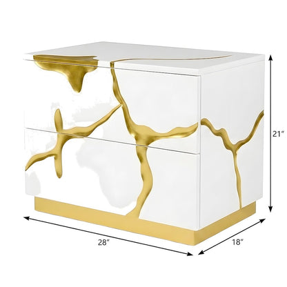 MDF Wide Nightstand with Gold Branch Accents and Soft-Close Drawers with Storage