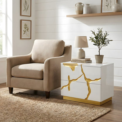 MDF Wide Nightstand with Gold Branch Accents and Soft-Close Drawers with Storage