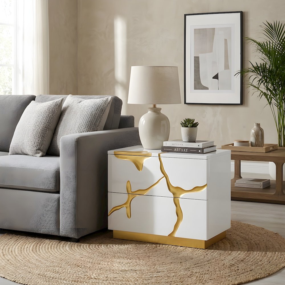 MDF Wide Nightstand with Gold Branch Accents and Soft-Close Drawers with Storage
