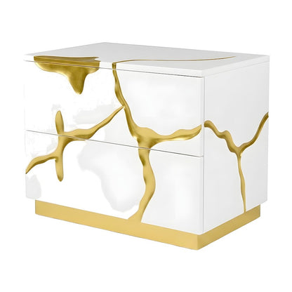 MDF Wide Nightstand with Gold Branch Accents and Soft-Close Drawers with Storage
