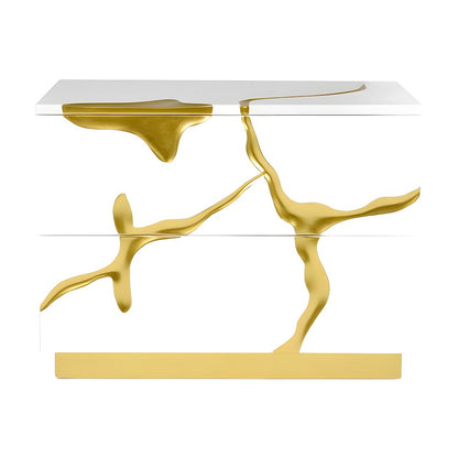 MDF Wide Nightstand with Gold Branch Accents and Soft-Close Drawers with Storage
